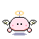 Pixelated pink circular character with black square eyes, white wings, and yellow halo floats above gray background.