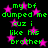 Green pixelated text repeats 'my bf dumped me cuz i like his brother' over pink stars on black background, no visible animation changes.