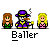 Pixel art characters in green and pink outfits with a purple-hatted figure holding a smoking pipe, labeled 'Baller' below each