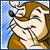 Pixelated cartoon character with brown fur and orange clothing, holding a small object near its face against a blue striped background.