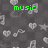 Pixelated icon with dark gray background featuring scattered white musical notes, hearts, and stars, with green text reading 'music owns my soul' in three separate segments.