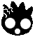 Black pixelated character with large white eyes and small mouth, two versions show different lightning bolt positions on head against gray background.