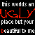A static contact sheet of 10 animated frames showing a repeating text-based animation with alternating red and white lettering on black background, featuring the words 'UGLY' and 'beautiful to me' in pixelated font.