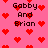 Pixelated pink background with red hearts and repeated text "Gabby And Brian" in dark brown.