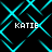 Cyan geometric lines form a shifting pattern over black background with four instances of the text 'KATIE' in white pixelated font
