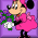 Pixelated character in pink dress holding flowers with partial text fragments on purple background.