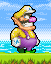 Pixel art character in yellow shirt and purple overalls running across grassy terrain with blue water background.