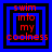 Four identical pixelated display red text "swim into my coolness" within nested blue and black squares on a blue background