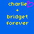 Blue background with yellow pixelated text 'charlie + bridget forever' and a pink heart symbol replacing the letter O in charlie on one side.
