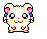 Pixelated hamster character with pink and blue ear decorations, white body, black eyes, and yellow accents in various poses including front-facing, back view, side views, and expressions like smiling, winking, and crying.