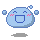 Pixelated blue blob with closed eyes, pink blush marks, and a wide open mouth, surrounded by floating blue bubbles on a gray background.