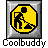 Animated contact sheet of a yellow octagonal construction icon with black stick figure, gray border, and "Coolbuddy" text below each frame showing progressive digging motion.