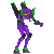 Animated sequence of a purple and green humanoid robot with yellow eyes, black accents, and brown feet in dynamic poses against gray background.