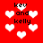Red background with white pixelated hearts and black text reading 'kev and kelly' in a pattern