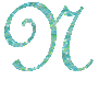 Four identical stylized 'N' characters arranged in a , each formed from turquoise and light blue glitter-like pixels on a gray background