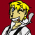 Pixelated character with yellow hair, light skin, and a cigarette in mouth, wearing white shirt with black tie against red background.