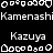 Pixelated black-and-white animation featuring repeated text 'Kamenashi' and 'Kazuya' with white geometric shapes on black background, gray rectangle on right edge.