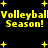 Yellow pixelated text and stars on black background, with repeated "Volleyball Season!" phrases in two