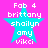 Four identical pixelated star-shaped icons with cyan fill and white text on a bright pink background, each displaying 'Fab 4 brittany shailyn amy vikci' in a