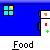 Animated pixel art sequence showing a character interacting with a refrigerator in a blue kitchen, with text bubbles and repeated 'Food' labels.