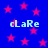Blue background with pink stars and four instances of the text 'clare' in light blue pixelated font.
