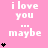 Pixelated pink background with white text "i love you ... maybe" repeated in a , each containing a vertical stack of black heart symbols