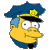 Pixelated cartoon character head wearing blue police uniform with yellow cap badge, white eyes with black pupils, and a neutral expression on gray background.