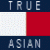A 50x50 pixel animated buddy icon split into two vertical sections: left side shows "TRUE ASIAN" text over a white and red striped background, right side displays "Original Icons .com" in green cursive on dark green.