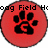 Red circular icon with black paw print and stylized 'G' symbol, partially obscured text above.