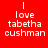 Red background with white text reading 'I love tabetha cushman' repeated in a pattern, one instance partially obscured by gray area