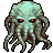 Pixelated creature with bulbous head, multiple tentacles, and glowing red eyes on a gray background.
