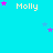 A static image with a bright cyan background featuring multiple instances of the name "Molly" in pixelated yellow text, surrounded by scattered pink and purple stars.