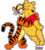 Pixelated cartoon character with yellow body, orange and black stripes, red bow tie, pink eye, and curved tail on gray background.