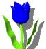 Blue tulip with green stem and leaves on gray background, rendered in 3D style with visible shadows.