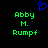 Blue pixelated heart symbol above green text reading 'Abby M. Rumpf' on black background.