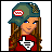 Pixel art contact sheet showing a female character with long brown hair wearing a green cap and red shirt on the left, next to text reading "Got hockey?" on the right.