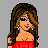 Pixelated image of a woman in red strapless top and black skirt with long brown hair, silver earrings, and strappy high heels on gray background.