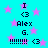 Cyan background with pink stars; black text elements including 'I <3', 'Alex', 'G.', and multiple exclamation marks in a repeating pattern.
