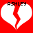 Red background with two white broken hearts, each containing the text "ASHLEY" in black pixelated font above the heart shape.
