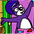 Pixelated cartoon character with purple body and blue afro-like hair standing next to green striped structure on pink background, adjacent to green text reading "Original Icons .com".