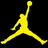 Yellow pixelated silhouette of a basketball player mid-air with one arm extended upward holding a ball, legs spread wide apart against black background.