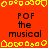 Red background with yellow pixelated border shapes and repeated black text "POF the musical" in a pattern