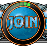 Circular blue icon with orange outline and black border displaying 'JOIN' text, surrounded by green and black segmented ring on blue background.
