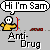 Pixelated character in yellow shirt and red pants with white face, performing actions under text bubbles reading "Hi I'm Sam", "My Anti-Drug is", "Ska".