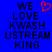 Blue background with black pixelated text reading WE LOVE KWASH USTREAM KING and a red pixelated heart symbol above the text.
