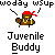 Pixel art character with red bandana, brown jacket, yellow chains, and white pants on gray background; text above reads 'woddy wsup' and below reads 'Juvenile Buddy'.