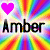 A static image with a rainbow-colored radial gradient background, two pink pixelated hearts, and the text 'Amber Amber' in bold black letters.