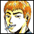 A pixelated anime-style character face with orange hair and a black background featuring stylized text.