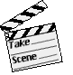 Six black-and-white clapperboard icons arranged in a , each displaying "Take" and "Scene" text fields with blank lines beneath