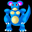 Blue cartoon creature with yellow belly, pink eyes, and red mouth in multiple poses on black background.